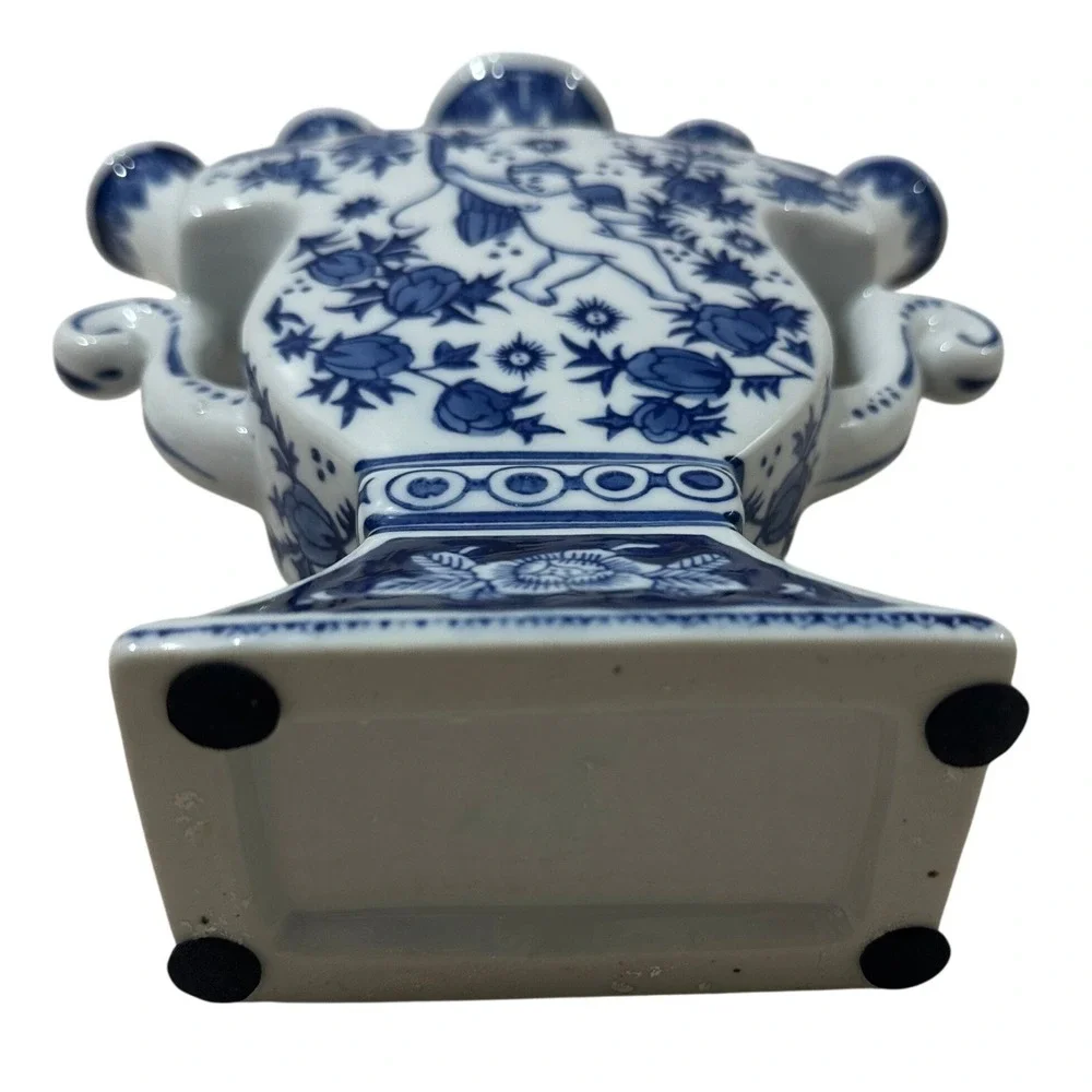 Blue White Ceramic Tulipiere Vase Cherub Floral 5 Spout Chinoiserie 9.5in